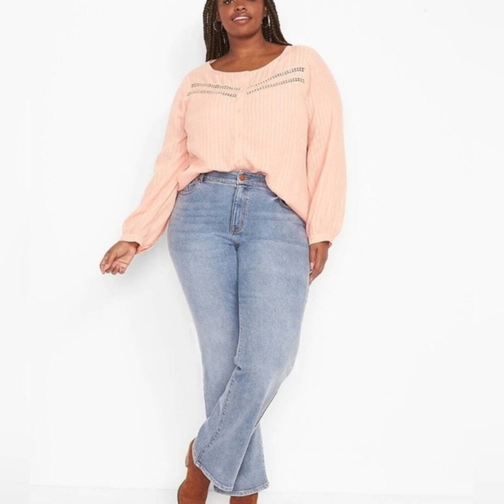 Lane Bryant Peach Dobby Stripe Button Front Blouse Ladder Lace Plus Size 22 NEW